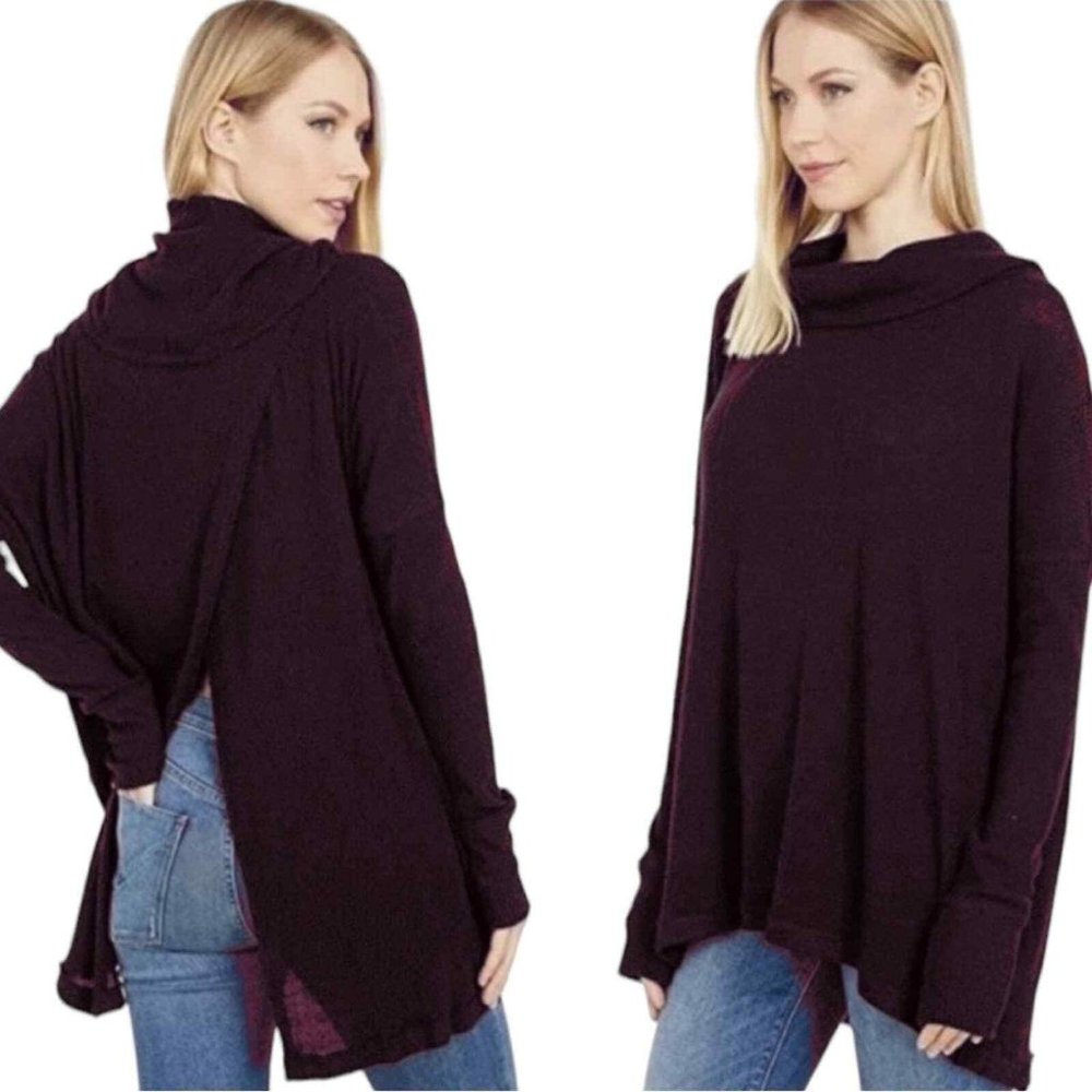 Free People Juicy Long Sleeve Cowl Neck Split Back Tunic Top Maroon Size S NWT